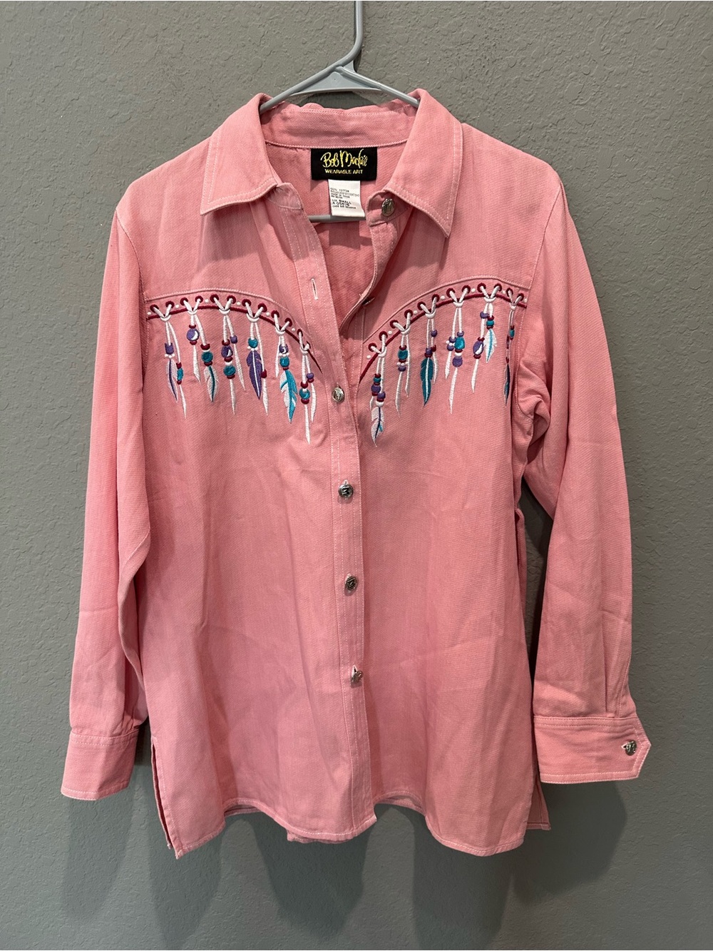 Vtg Bob Mackie Wearable Art Pink Button Up Western Embroidered Rodeo Shirt Sz S